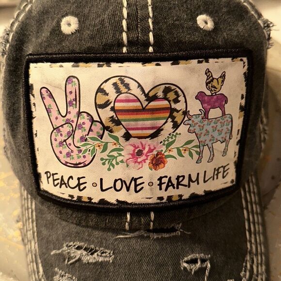 PEACE LOVE FARM LIFE Black Distressed Denim Cotton Cap - Picture 2 of 9